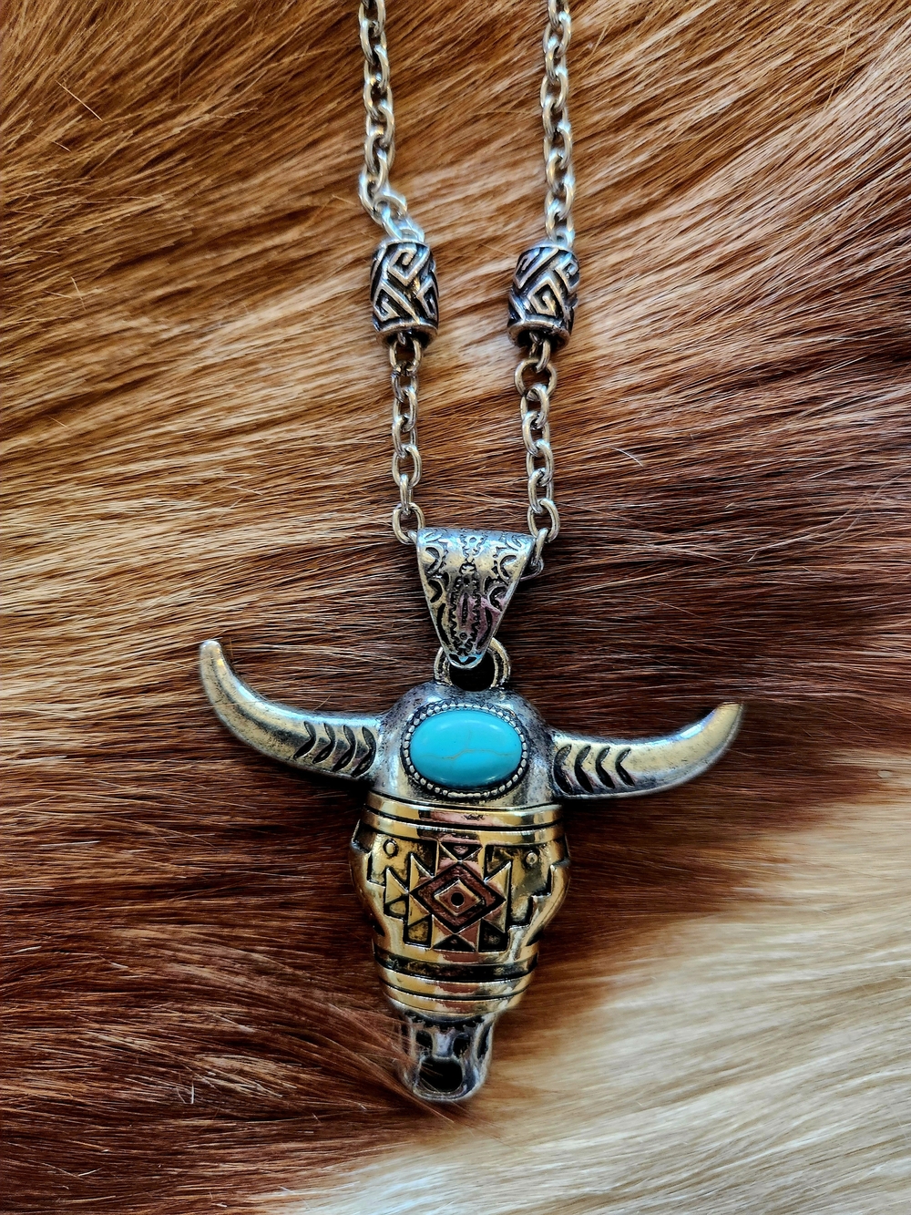 Justin Boots Turquoise Accent Bull Skull Pendant Necklace - Women Jewelry